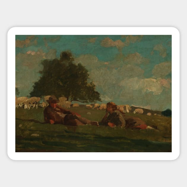 Boy and Girl in a Field with Sheep by Winslow Homer Sticker by Classic Art Stall